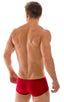 mens swimwear square cut boxer style swimsuit in Semi Sheer ThinSkinz Red; Extreme Low Square Cut Swim Trunks in Semi Sheer ThinSkinz Red, Rear View; Special Or