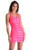 womens sexy mini dress bodycon rock star club sleeveless micro dresses in sheer Fuschia Satin Stripe; Mini Dress in Fuschia Satin Stripe, Rear View; Mini Dress