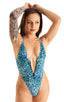 Womens Zipper Front One Piece Thong Swimsuit in Liquid Leopard 1; Womens Zipper Front One Piece Thong Swimsuit in Liquid Leopard 2; Womens Zipper Front One Piec