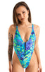 Womens Zipper Front One Piece Thong Swimsuit in Tahitian Rainforest 1; Womens Zipper Front One Piece Thong Swimsuit in Tahitian Rainforest 2; Womens Zipper Fron