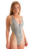 Womens Zipper Front One Piece Thong Swimsuit in Sterling Silver 1; Womens Zipper Front One Piece Thong Swimsuit in Sterling Silver 2; Womens Zipper Front One Pi