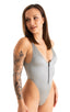 Womens Zipper Front One Piece Thong Swimsuit in Sterling Silver 1; Womens Zipper Front One Piece Thong Swimsuit in Sterling Silver 2; Womens Zipper Front One Pi