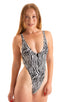 Womens Zipper Front One Piece Thong Swimsuit in Classic black white zebra 1; Womens Zipper Front One Piece Thong Swimsuit in Classic black white zebra 2; Womens