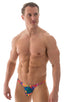 mens sexy bikini with fitted pouch and rear in Tan Through Tahitian, Front View; Fitted Pouch Puckered Back Bikini in Tan Through Tahitian, Rear View; Fitted Po