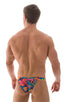 mens sexy bikini with fitted pouch and rear in Tan Through Tahitian, Front View; Fitted Pouch Puckered Back Bikini in Tan Through Tahitian, Rear View; Fitted Po