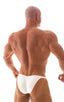 mens posing suit with fitted pouch and fitted puckered butt bodybuilder bikini in white; Fitted Pouch - Puckered Back - Posing Suit in Optic White, Rear View; F