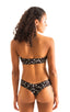 This image features a stylish women's bandeau bikini top in black with white stars print. The bandeau top is designed to be simple yet sexy, with a focus on highlighting the wearer's figure; Women's Cheeky Swim Shorts stars. The swim shorts are designed with a low, sexy front and wide, comfortable sides, adhering to the popular cheeky booty cut style.