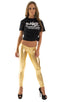 womens low cut designer leggings rock star fashion tights in Liquid Gold; Womens Super Low Rise Leggings in Liquid Gold, Rear View; Womens Super Low Rise Leggin