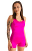 womens seamless workout jumper onsie runsie for yoga pilates gym running in Fuchsia stretch lycra; Womens Seamless Workout Onsie - Runsie in Fuchsia stretch lyc