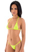 Womens G String Thong Swimwear Bottom in ThinSKINZ Chartreuse, Front View; Womens G String Thong Swimwear Bottom in ThinSKINZ Chartreuse, Rear View; Gold Tri-Ri