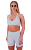 Womens Sport Halter Top in Heather Grey Cotton-Spandex 10oz, Front View; Womens Sport Halter Top in Heather Grey Cotton-Spandex 10oz, Rear View; Special Order N