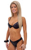 Womens Moderate High Cut Swimsuit Bottom in Wet Look Black, Front View; Womens Moderate High Cut Swimsuit Bottom in Wet Look Black, Rear View; Special Order Not
