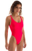 baywatch womens one piece swimsuit high cut skinz swimwear in sheer coral; Baywatch One Piece Swimsuit in ThinSKINZ Neon Coral, Rear View; Special Order Notice;