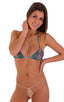 Brazilian Triangle Top in Aqua Python Print on Mesh, Front View; Brazilian Triangle Top in Aqua Python Print on Mesh, Rear View; Brazilian Triangle Top in Aqua