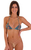 Brazilian Triangle Top in Aqua Python Print on Mesh, Front View; Brazilian Triangle Top in Aqua Python Print on Mesh, Rear View; Brazilian Triangle Top in Aqua
