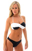 Womans Twistie Bandeau Swim Top in Optic White and Black, Front View; Womans Twistie Bandeau Swim Top in Optic White and Black, Rear View; Womans Twistie Bandea