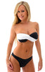 Womans Twistie Bandeau Swim Top in Optic White and Black, Front View; Womans Twistie Bandeau Swim Top in Optic White and Black, Rear View; Womans Twistie Bandea