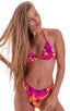 womens swimwear moderate coverage high cut swimsuit bikini in Tahitian floral pink yellow; Moderate High Cut Bottom in Tahitian Sunset, Rear View; Moderate High
