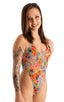 Womens One Piece Thong Swimsuit in Semi Sheer Hibiscus printed stretch mesh 1; Womens One Piece Thong Swimsuit in Semi Sheer Hibiscus printed stretch mesh 2; Wo