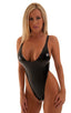 Womens One Piece Thong Swimsuit in Black Vinyl 1; Womens sexy One Piece Thong Swimsuit with high leg opening; Womens; Woman wearing a black swimsuit on a white background