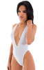Plunging Neckline One Piece Tanga in White Powernet, Front View; Plunging Neckline One Piece Tanga in White Powernet, Rear View; Plunging Neckline One Piece T