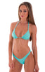 High Cut Brazilian Scrunchie Suit Bottom in Aquamarine, Front View; High Cut Brazilian Scrunchie Suit Bottom in Aquamarine, Rear View; High Cut Brazilian Scrunc