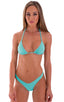 High Cut Brazilian Scrunchie Suit Bottom in Aquamarine, Front View; High Cut Brazilian Scrunchie Suit Bottom in Aquamarine, Rear View; High Cut Brazilian Scrunc