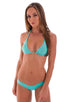 Micro Booty Short Swim Bottom in Aquamarine, Front View; Micro Booty Short Swim Bottom in Aquamarine, Rear View; Micro Booty Short Swim Bottom in Aquamarine, Fr