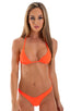 High Cut Brazilian Scrunchie Bikini Bottom in Blazing Orange 5; High Cut Brazilian Scrunchie Posing Suit Bottom in Blazing Orange - Bikini Cut, Rear View; High