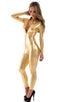 Front Zipper Catsuit-Bodysuit in Liquid Gold 1; Front Zipper Catsuit-Bodysuit in Liquid Gold, Rear View; Front Zipper Catsuit-Bodysuit in Liquid Gold, Front Alt