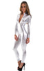 Front Zipper Catsuit-Bodysuit in Liquid Chrome, Front View; Front Zipper Catsuit-Bodysuit in Liquid Chrome, Rear View; Front Zipper Catsuit-Bodysuit in Liquid C