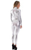 Front Zipper Catsuit-Bodysuit in Liquid Chrome, Front View; Front Zipper Catsuit-Bodysuit in Liquid Chrome, Rear View; Front Zipper Catsuit-Bodysuit in Liquid C