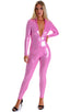 Front Zipper Catsuit-Bodysuit in Metallic Mystique Bubblegum Pink, Front View; Front Zipper Catsuit-Bodysuit in Metallic Mystique Bubblegum Pink, Rear View; Fro