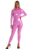 Front Zipper Catsuit-Bodysuit in Metallic Mystique Bubblegum Pink, Front View; Front Zipper Catsuit-Bodysuit in Metallic Mystique Bubblegum Pink, Rear View; Fro