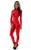 Front Zipper Catsuit-Bodysuit in Wet Look Red, Front View; Front Zipper Catsuit-Bodysuit in Wet Look Red, Rear View; Front Zipper Catsuit-Bodysuit in Wet Look R