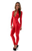 Front Zipper Catsuit-Bodysuit in Wet Look Red, Front View; Front Zipper Catsuit-Bodysuit in Wet Look Red, Rear View; Front Zipper Catsuit-Bodysuit in Wet Look R