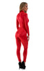 Front Zipper Catsuit-Bodysuit in Wet Look Red, Front View; Front Zipper Catsuit-Bodysuit in Wet Look Red, Rear View; Front Zipper Catsuit-Bodysuit in Wet Look R