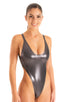 Womens One Piece Thong Swimsuit in Metallic Black 1; Womens One Piece Thong Swimsuit in Metallic Black 2; Womens One Piece Thong Swimsuit in ThinSkinz Metallic Black 3; Woman wearing a black swimsuit on a white background Woman wearing a black swimsuit on a white background Woman wearing a metallic gray swimsuit on a white background