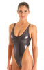 Womens One Piece Thong Swimsuit in Metallic Black 1; Womens sexy One Piece Thong Swimsuit with high leg opening; Womens; Woman wearing a black swimsuit on a white background