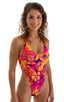 womens sexy swimwear one piece thong high cut swimsuit in Tahitian Sunset pink yellow; One Piece Thong in Tahitian Sunset, Rear View; One Piece Thong in Tahitia
