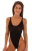 womens sexy swimwear one piece thong high cut swimsuit in sheer Black; One Piece Thong Swimsuit in Super ThinSKINZ Black, Rear View; One Piece Thong Swimsuit in