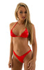 High Cut Scrunch Brazilian Bikini Bottom in Wet Look Lipstick Red, Front View; High Cut Scrunch Brazilian Bikini Bottom in Wet Look Lipstick Red, Rear View; Spe