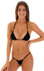 Brazilian Triangle Swim Top in Semi Sheer Super ThinSkinz Black, Front View; Brazilian Triangle Swim Top in Semi Sheer Super ThinSkinz Black, Rear View; Brazili