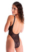 womens sexy zipper front one piece high cut swimsuit skinz swimwear in Sheer Black Spiderweb Mesh; One Piece Zipper in Sheer Black Spiderweb Mesh, Rear View; Zi