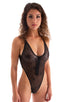 womens sexy swimwear one piece zipper front high cut thong swimsuit in Sheer Black Spiderweb Mesh; Zipper Front High Cut One Piece Thong in Semi Sheer Black Spi