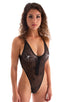 womens sexy swimwear one piece zipper front high cut thong swimsuit in Sheer Black Spiderweb Mesh; Zipper Front High Cut One Piece Thong in Semi Sheer Black Spi