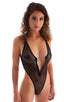 womens sexy swimwear one piece zipper front high cut thong swimsuit in Sheer Black Spiderweb Mesh; Zipper Front High Cut One Piece Thong in Semi Sheer Black Spi