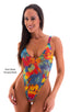 One Piece Thong Swim Suit in Tropical Feathers Printed Mesh, Front View; One Piece Thong Swim Suit in Tropical Feathers Printed Mesh, Rear View; One Piece Thong