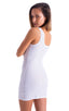 Woman wearing a white textured dress on a white background