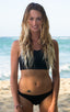 Womens Swim and Sport Top in Black, Front View; Womens Swim and Sport Top in Black, Rear View; Womens Swim and Sport Top in Black Fabric